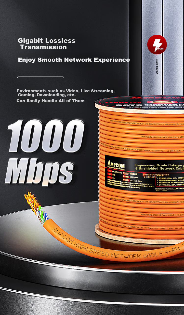 AMPCOM CAT6 Gigabit Ethernet Cable, 100 Meters, 8-Core 0.58 Pure Copper Unshielded Twisted Pair, POE Surveillance Home Installation Broadband Network Cable Box AMC657100 3
