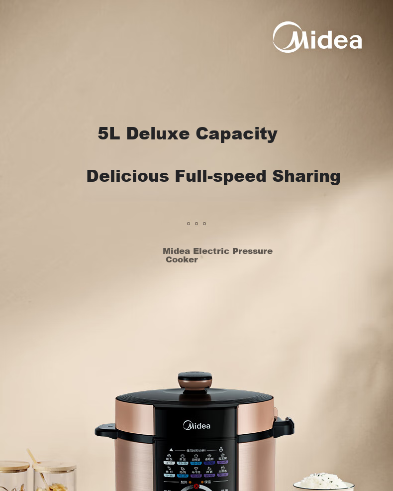 Midea Electric Pressure Cooker, Home Use 5L Double Pot, Large Capacity Multifunctional Rice Cooker, One-Button Air Release, Mechanical Control Electric High Pressure Cooker 1
