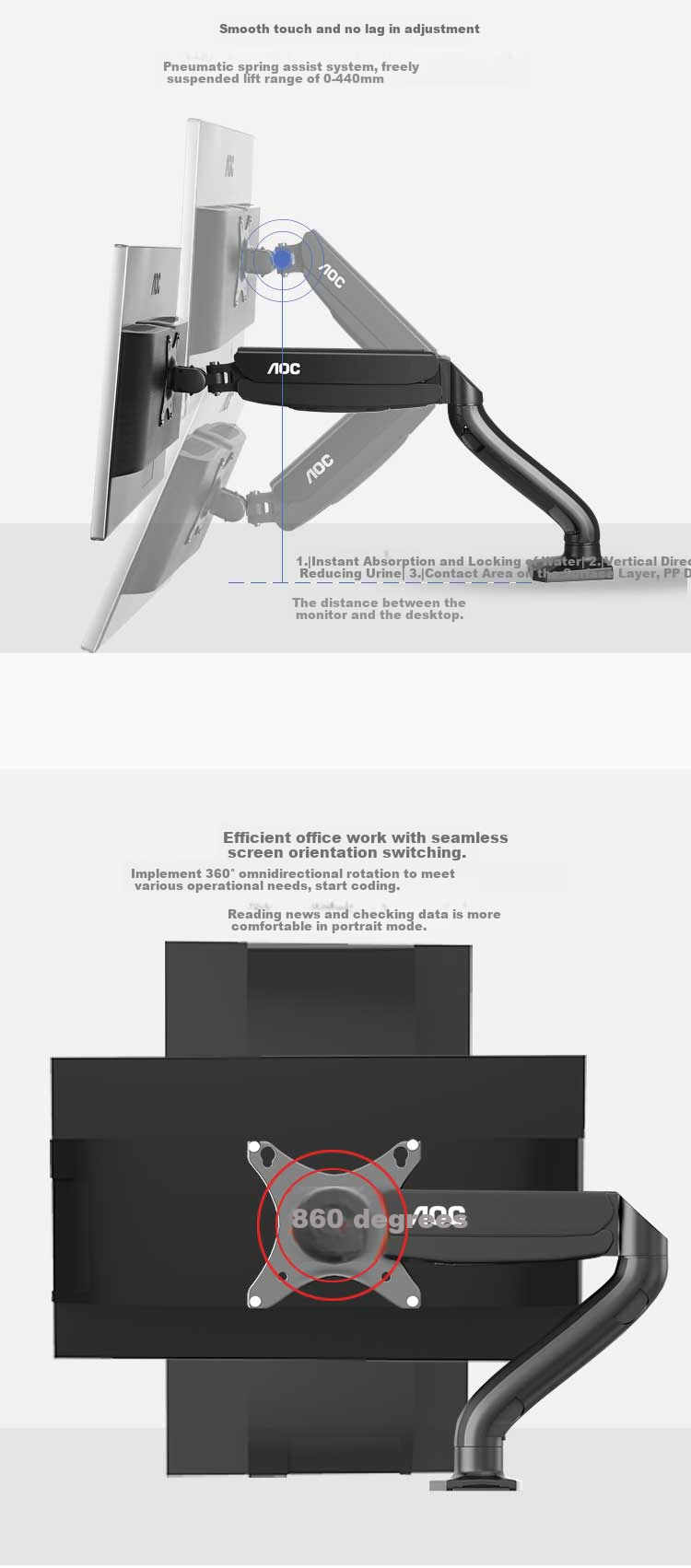 AOC SBX15 Black Single Monitor Stand, Rotating Computer Mount, No Drilling Required Desk Stand, Screen Support, Monitor Riser, 360° Rotatio 6