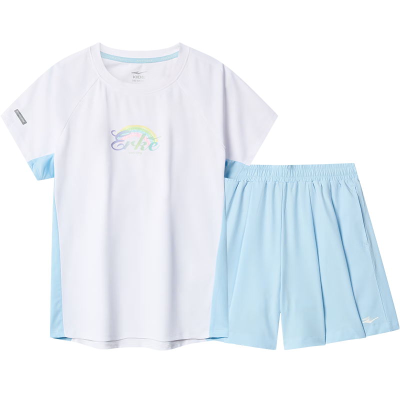 ERKE Kids Girls Sports Set Children's Casual Short Sleeve Set Pure White 120