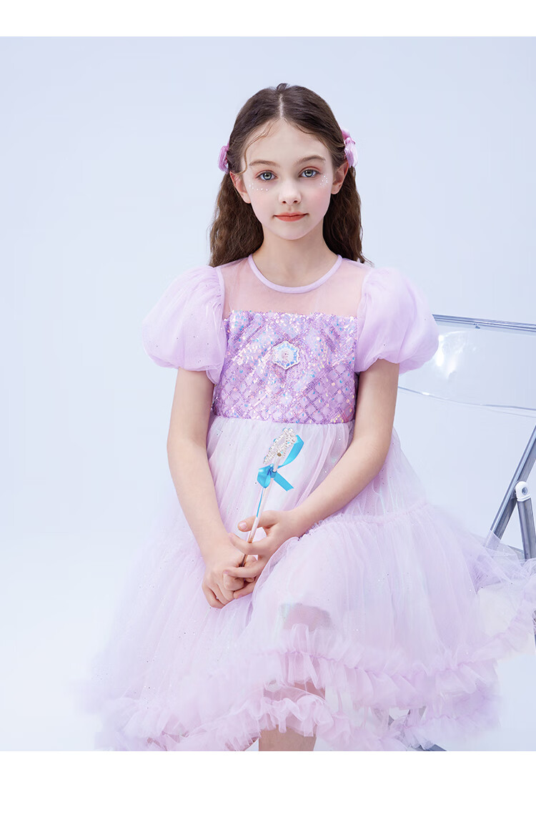 Disney Girls Elsa Princess Dress Summer Kids Holiday Gift Puff Sleeve Princess Dress Baby Dress Purple Size 150 5