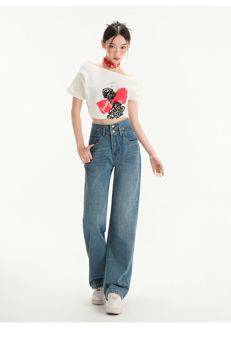 Langsha Women's Jeans Spring Autumn High Waist Slim Wide Leg Draped Loose Straight Floor-Length Pants 16