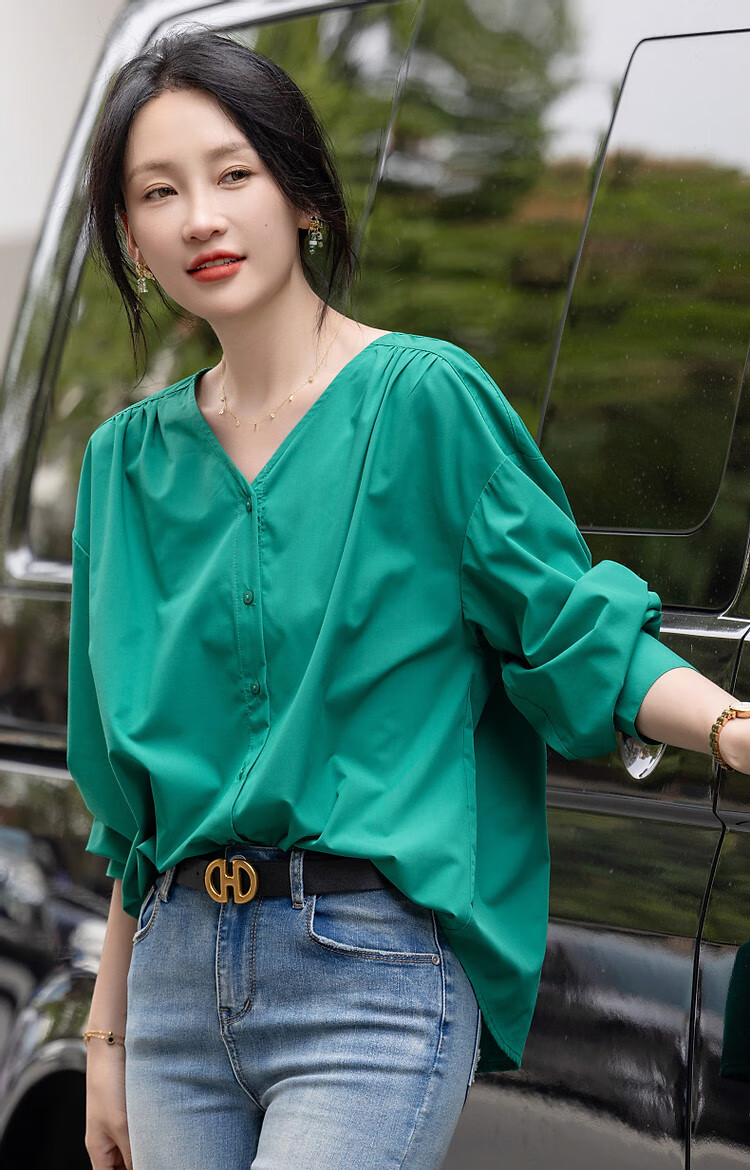 Dme [Dopamine Color Palette] Spring And Autumn French Relaxed V-Neck Shirt, Elastic Comfortable Slimming Blouse, Women's Top 8