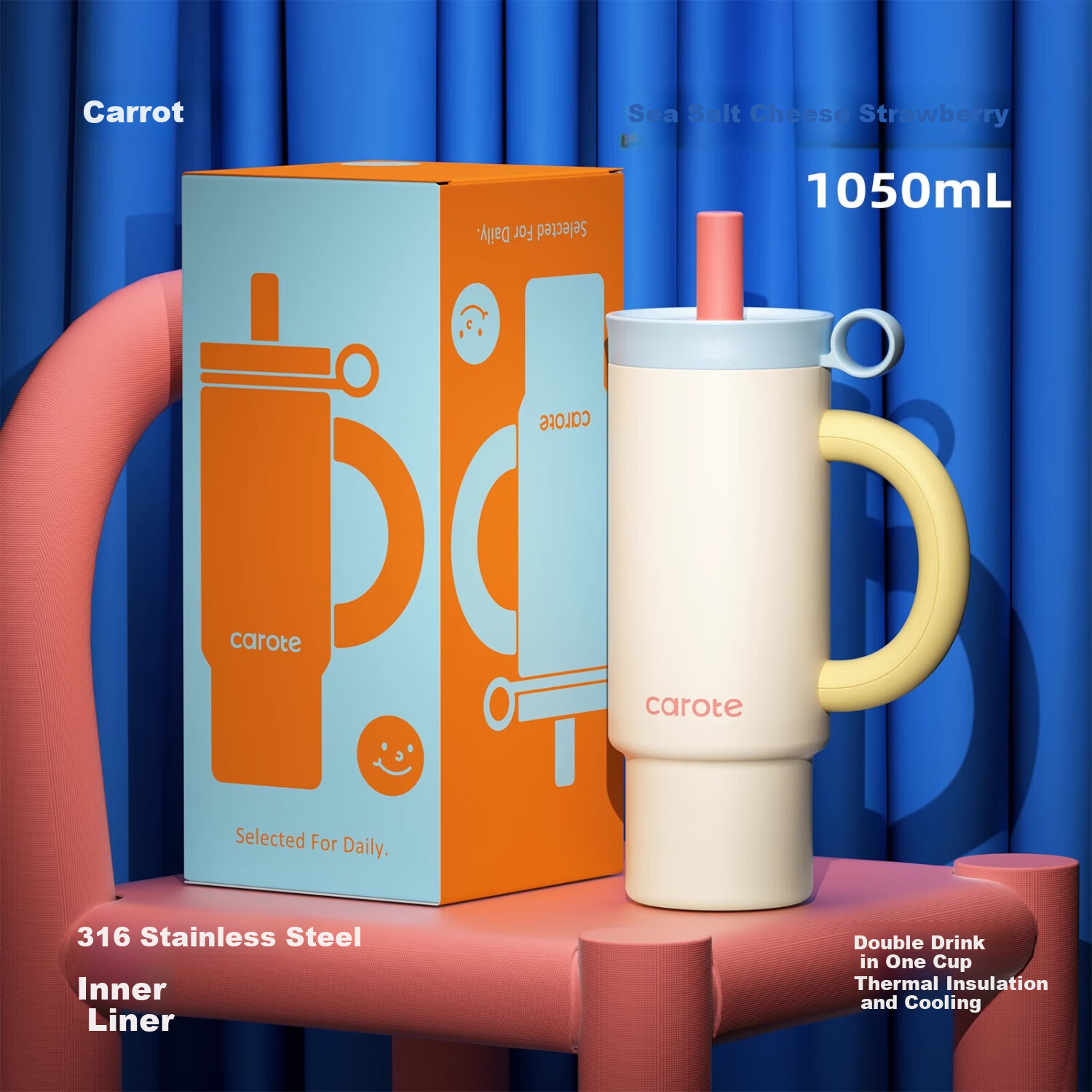 Термокружка CaROTE Giant Straw Insulated Cup, 1050 мл, морская соль и сыр, с трубочкой
