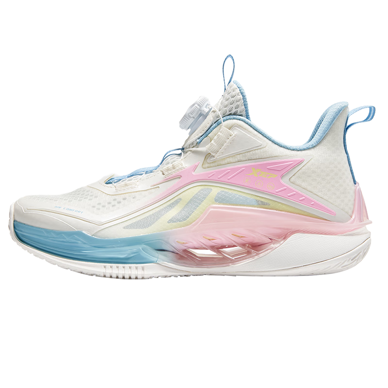 XTEP Children's Shoes, Boys' Big Kids Mesh Breathable Rotating Buckle Basketball Shoes, Sail White/peach Pink, Size 37