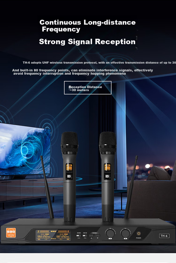 BBS Wireless Microphone, Professional U-Band Handheld Two-Channel UHF Microphone, Home Karaoke KTV Singing, Home Conference Speech, Long-Range Transmission, Stage Hosting Training TH-6 8