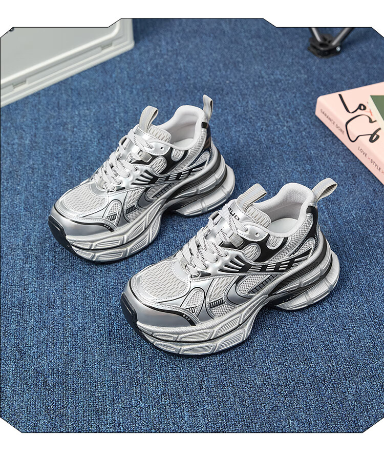 ZHR Silver Dad Shoes for Women, Trendy Sports Casual Couple Shoes, Thick-Soled Height-Increasing Women's Shoes, JT67 Silver, Size 38 12