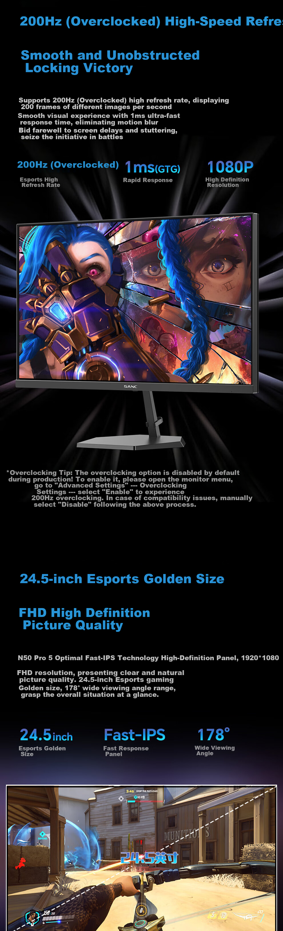 SANC Shengse 24.5-Inch 2K 275Hz FastIPS Monitor, 1ms Response Time, Hardware Low Blue Light, Headphone Hook, Night Light, Height Adjustable Stand, Gaming Computer Screen G4Q 3