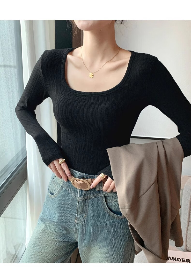 Yuzhaolin Women's Basic Long Sleeve T-Shirt Thin Large U-Neck Slim Fit Simple Versatile Top for Spring and Autumn 19