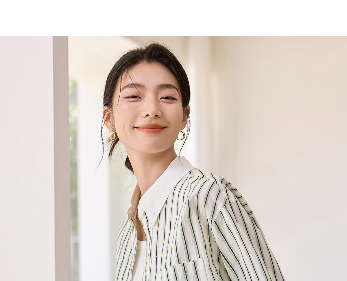 Chushen Women's Long-Sleeve Shirt, Contrasting Color Lapel, Classic Striped Short Casual Commuter Pure Cotton Blouse S51S043 9