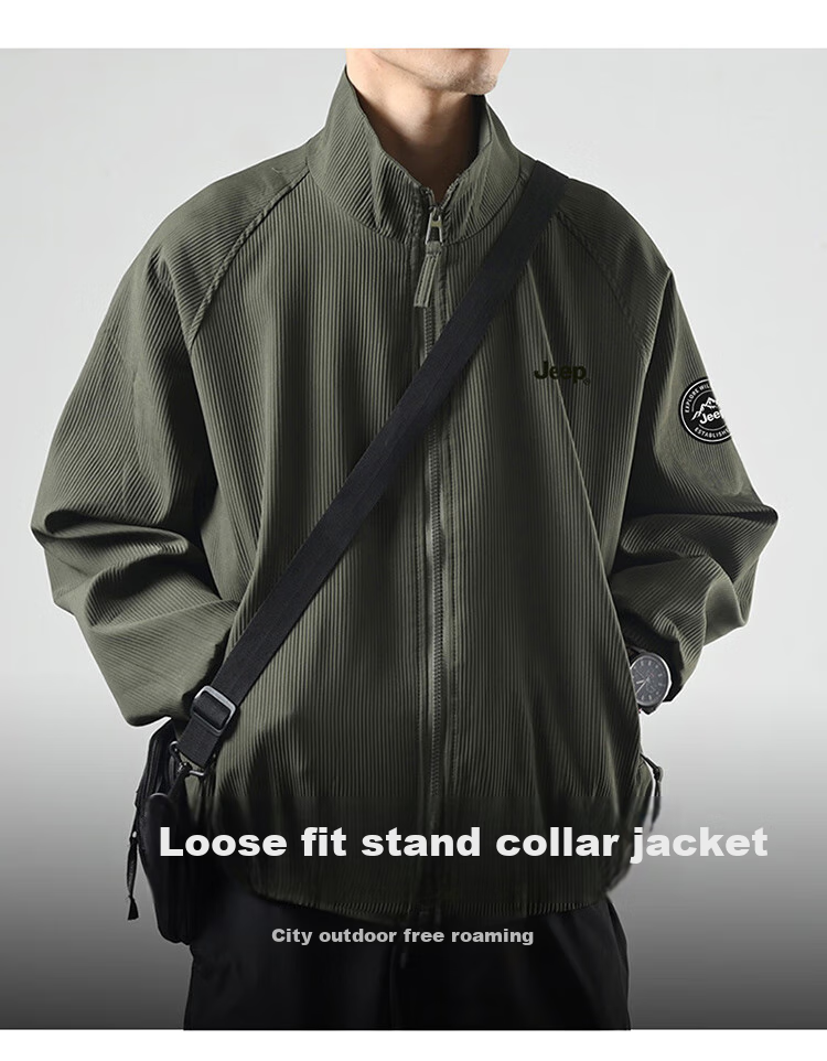 JEEP Men's Jacket, Spring And Autumn Outerwear, Loose Fit, Trendy And Cool Stand-Up Collar, Casual Clothing, Black, 4XL 1