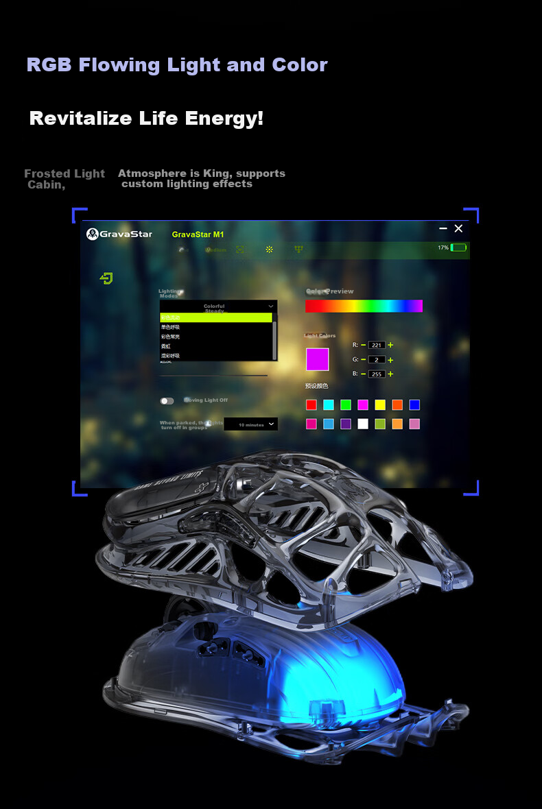 GravaStar Wireless/wired Bluetooth Gaming Mouse, Tri-Mode (Wireless/Wired/Bluetooth), 29-Hole Lightweight Hollow Design, 3395 Sensor, Rechargeable Long Battery Life, RGB Lighting, Transparent Black 7