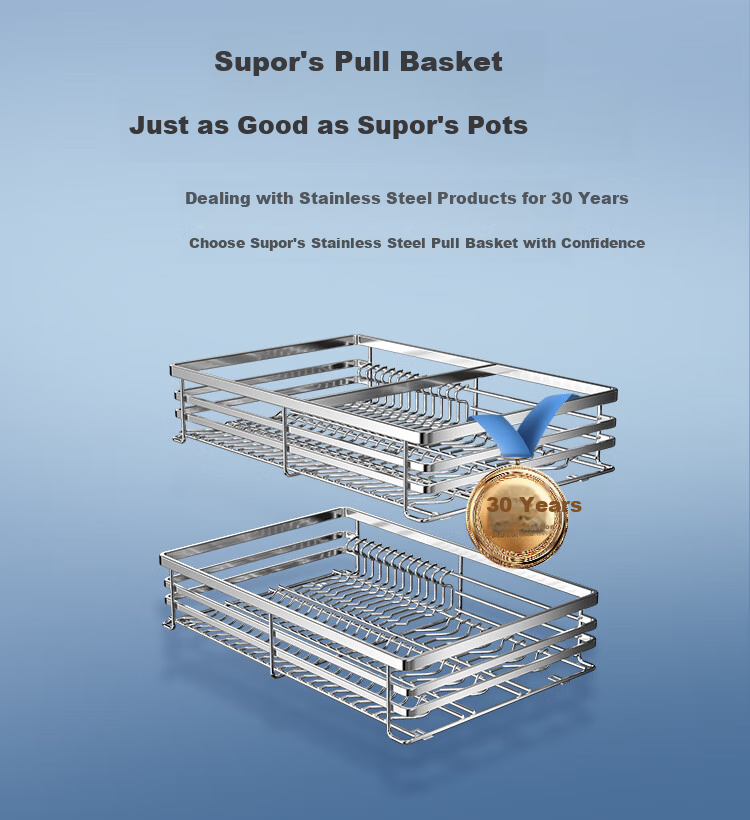 SUPOR Pull-Out Basket Kitchen Cabinet, 304 Stainless Steel Double-Layer Door Drawer-Style Bowl And Dish Pull-Out Rack Storage, Thickened Bowl Basket K 4
