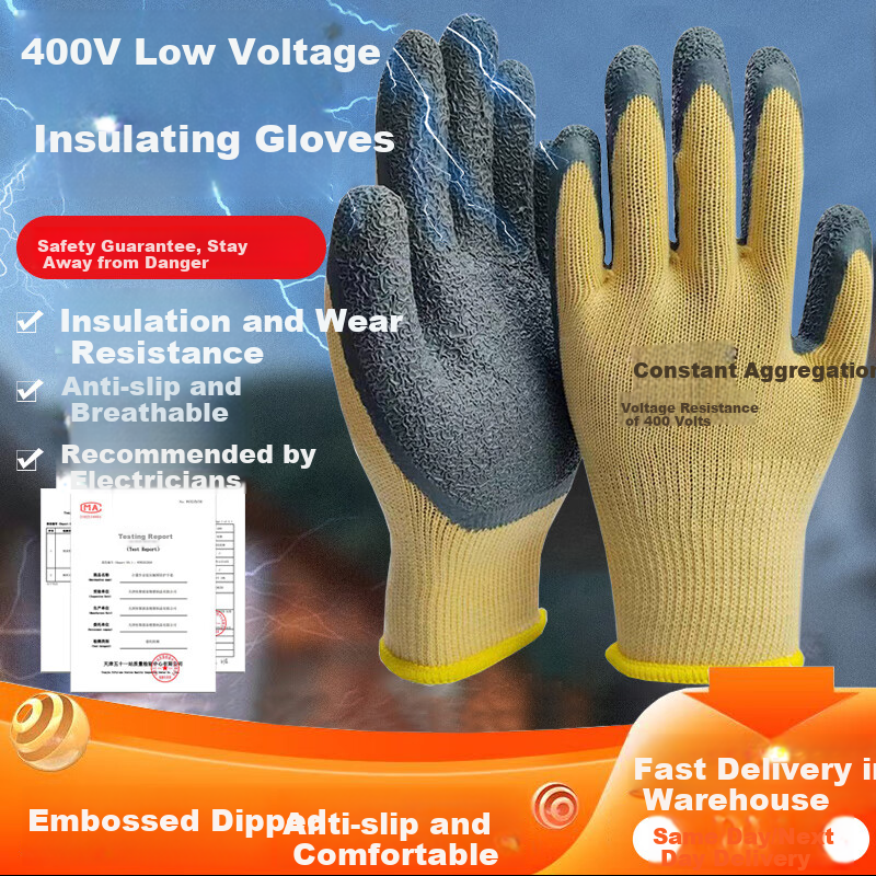 Hengju Insulation Gloves, 400V Electrical Work Gloves, Low-Voltage Anti-Electric Shock Specialized, Electric Shock-Resistant, Wear-Resistant, Non-Slip Coated Gloves