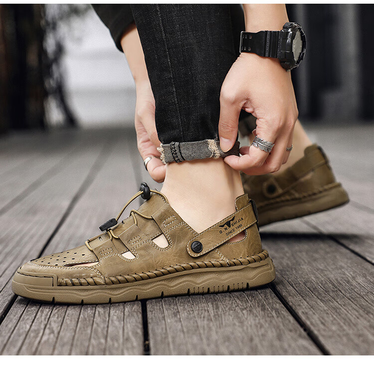Bull Family Baotou Leather Sandals Men Summer Outdoor Beach Shoes Casual Driving Shoes Black Size 40 14
