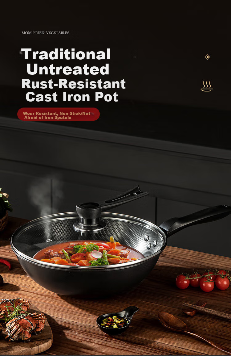 MAXCOOK Wok Iron Pan with Lid, 34cm Non-Coated Pure Iron Frying Pan, Nitrided, Compatible with Gas And Induction Cooktops MCC7993 1