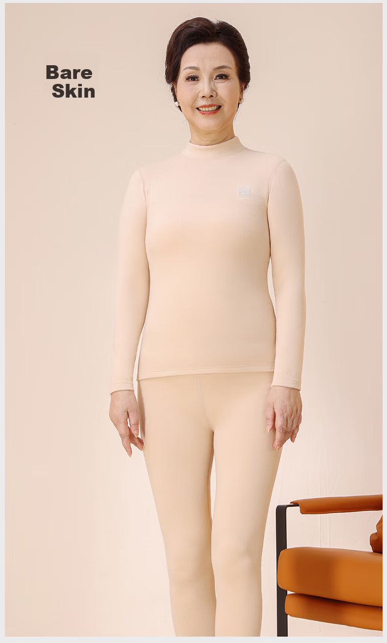 MiiOW [Goose down And Tencel] Thermal Underwear Set for Men And Women, Autumn And Winter Thickened Middle-Aged And Elderly Semi-Turtleneck Autumn Top And Pants 27