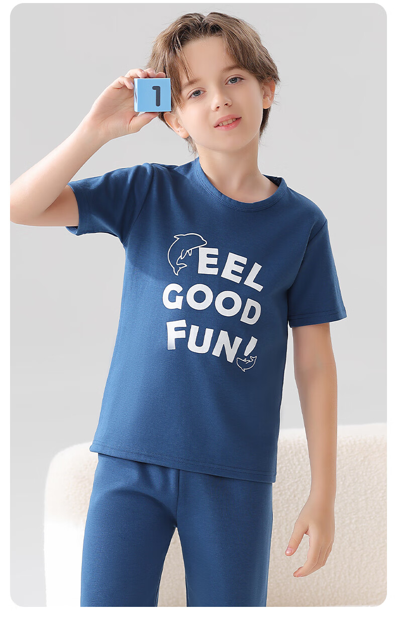 MiiOW Children's Pajamas, Boys' T-Shirt Home Wear Set, Summer, 40-Count Combed Xinjiang Cotton, Antibacterial, 130cm 10