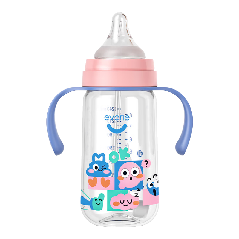 Evorie Baby Bottle, Wide Neck with Double Handles And Gravity Ball, Tritan Bottle 240ml, Playful Blue (6 Months+)