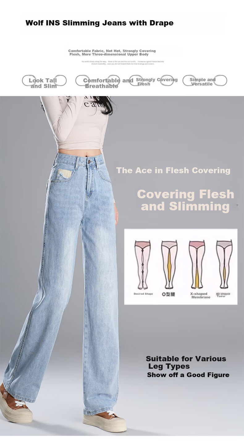 Pierre Cardin Women's Jeans, Autumn High-Waist Draping Floor-Length Casual Fashion Versatile Straight Loose Wide-Leg Pants, Light Blue, XL 13