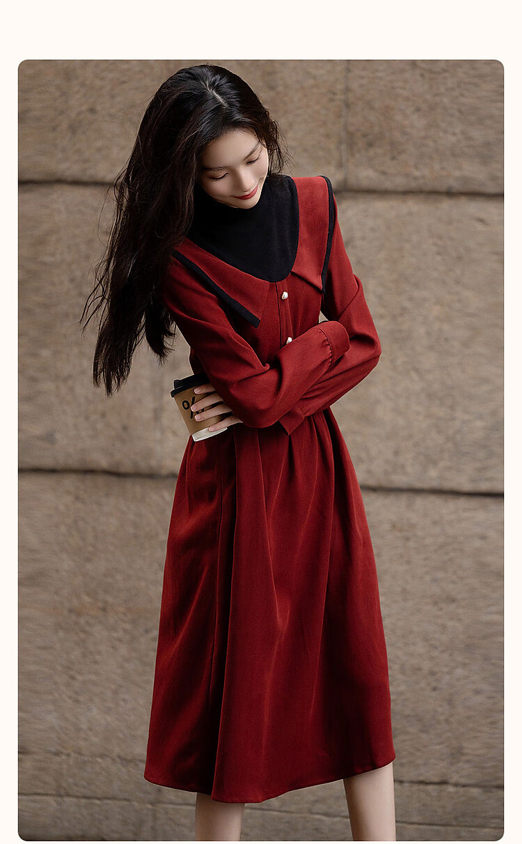 DME "Balman Rose" Spring and Autumn Design Commuter Half High Neck Petite Pearl Button Waist Slimming Women's Dress 2