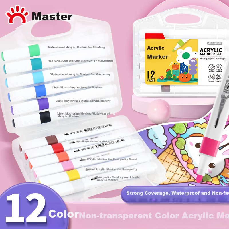 GRASP Acrylic Markers, 12 Colors, Stackable, Strong Coverage, Triangular Handle for Easy Grip, Watercolor Pens, Children's Hand-Drawn Report Drawing Art Graffiti