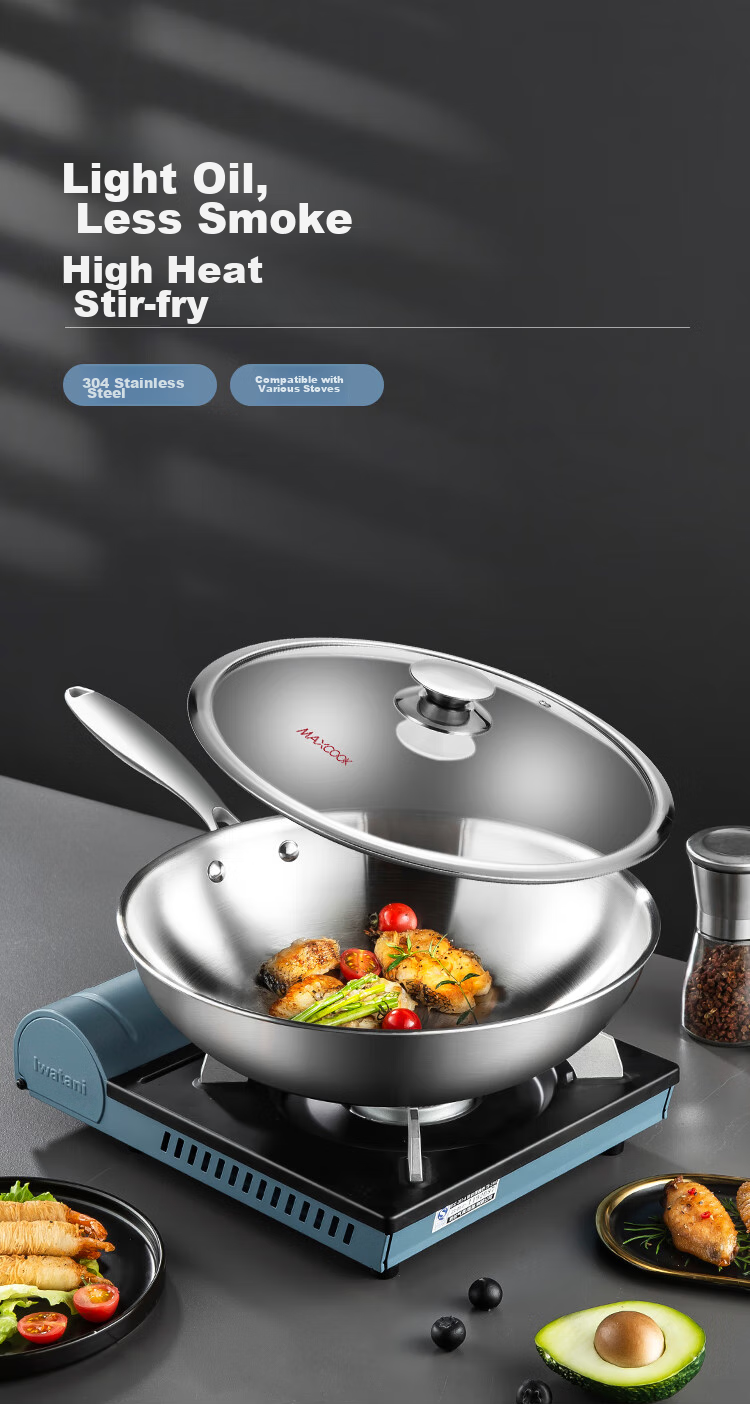 MAXCOOK 304 Stainless Steel Wok with Lid, 32cm Three-Layer Steel Pot, Compatible with Induction And Gas Stoves MCGU-YY32 1