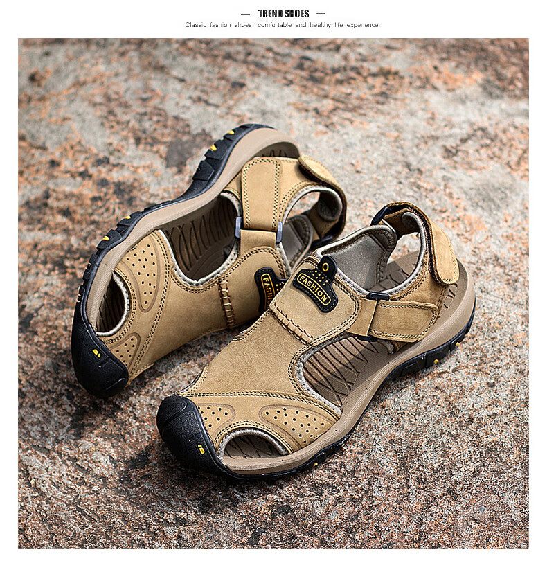 CARTELO Men's Sandals, Summer Roman-Style Closed-Toe Beach Shoes, Top-Grain Leather Perforated Shoes for Men, CS01, Khaki, Size 41 12