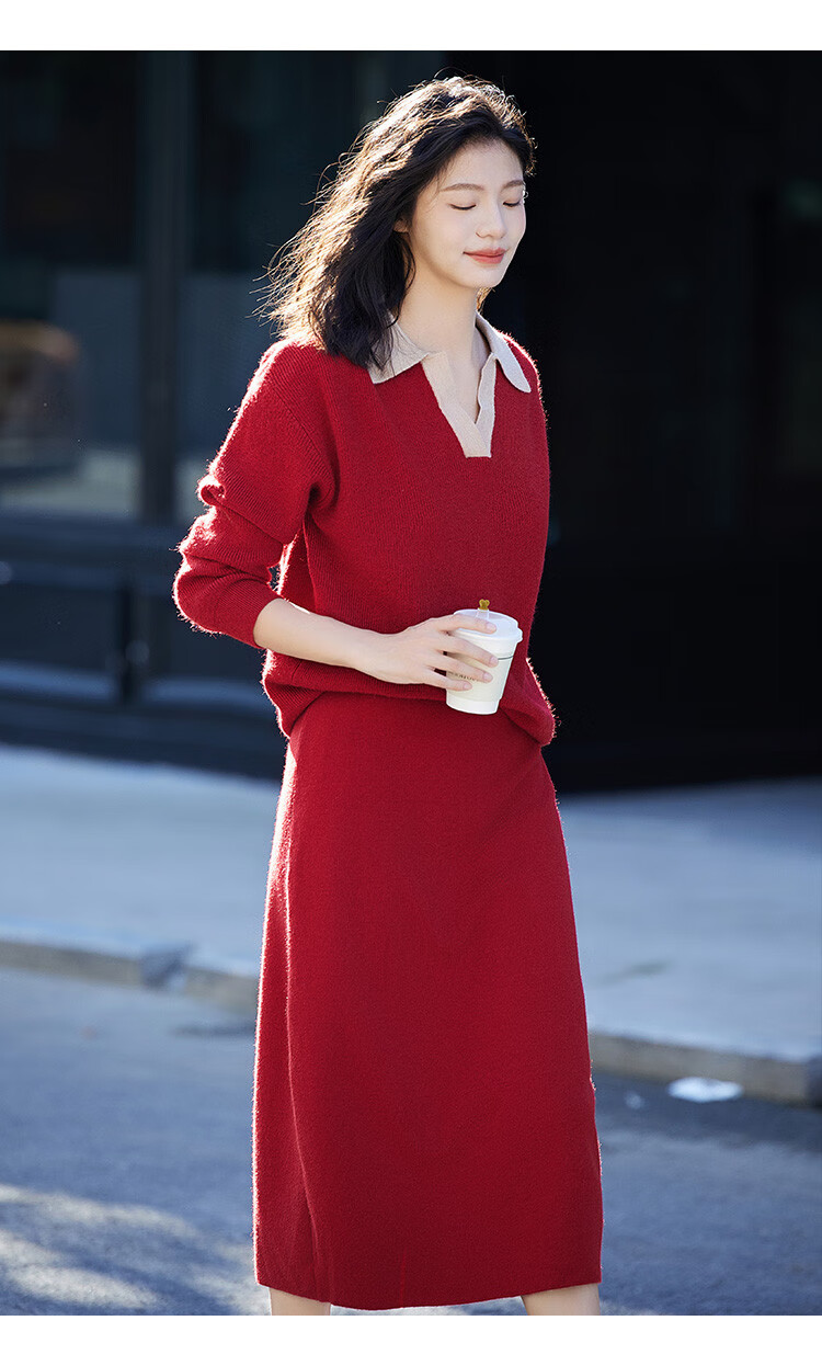 Demana Color-Block Polo Collar Set Autumn Long Sleeve Pullover Knit Two-Piece Set for Women 6