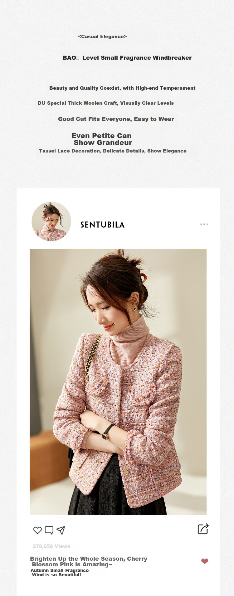 Sentubila Luxury Elegant Little Chanel Style Short Jacket for Women Spring Autumn High-end Youthful Pink Quilted L 2