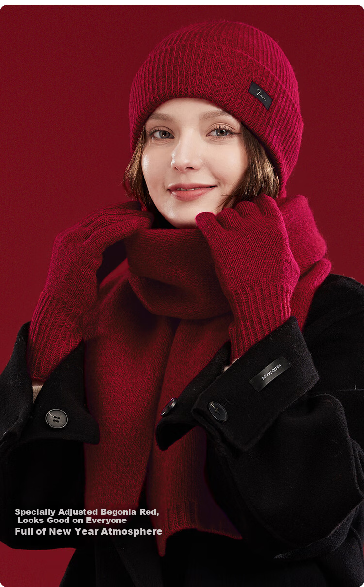 JIUMU Pure Wool Warm Scarf, Hat And Gloves Three-Piece Set for Women, Winter Birthday New Year Gift for Girls, Gift Box Packaging 6