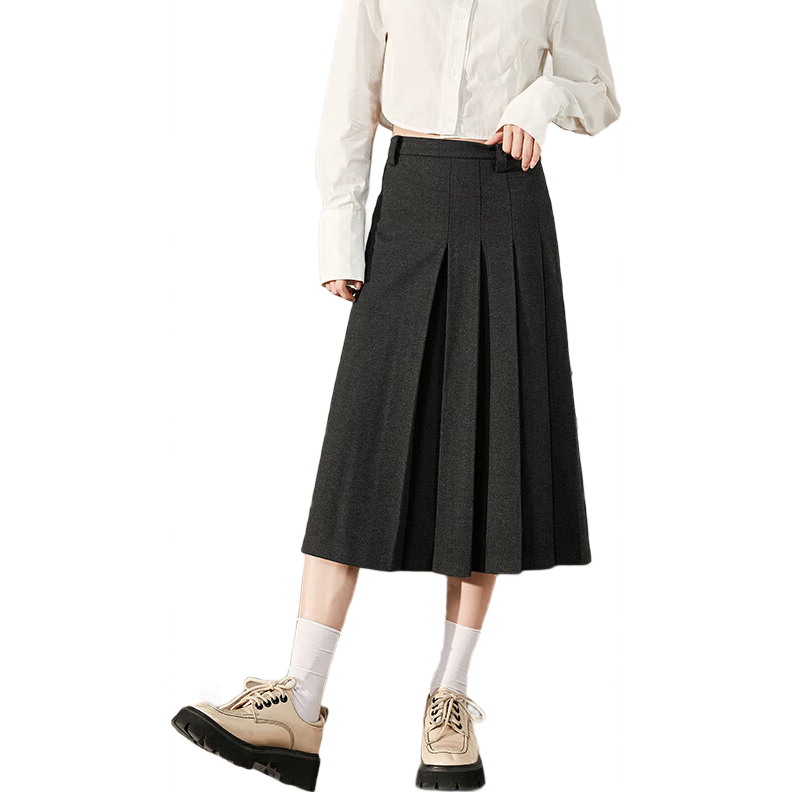 TonLion 2023 Women's High-Waisted A-Line Pleated Midi Skirt, Academic Style, Linen Gray, L