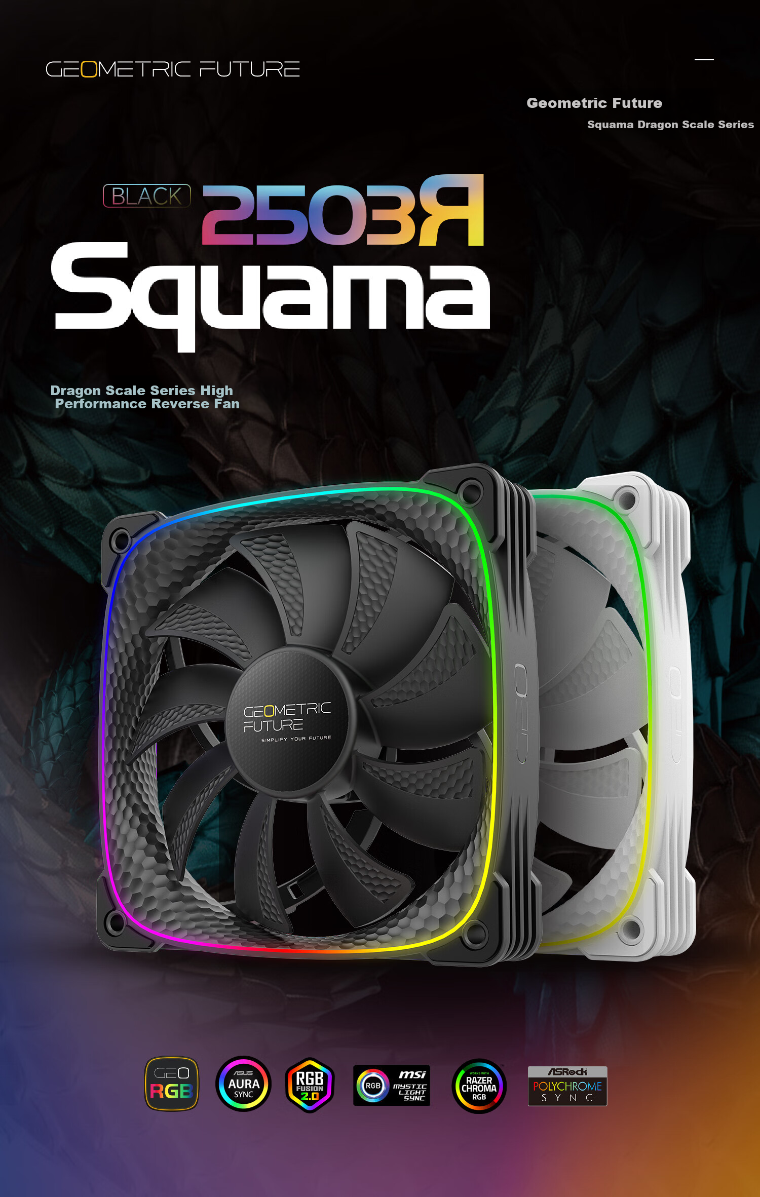 GeometricFuture Case Cooling Fan, Longshen 2503R Reverse Blade Fan, Black, ARGB Light Synchronization/PWM Speed Control, Single Pack 1