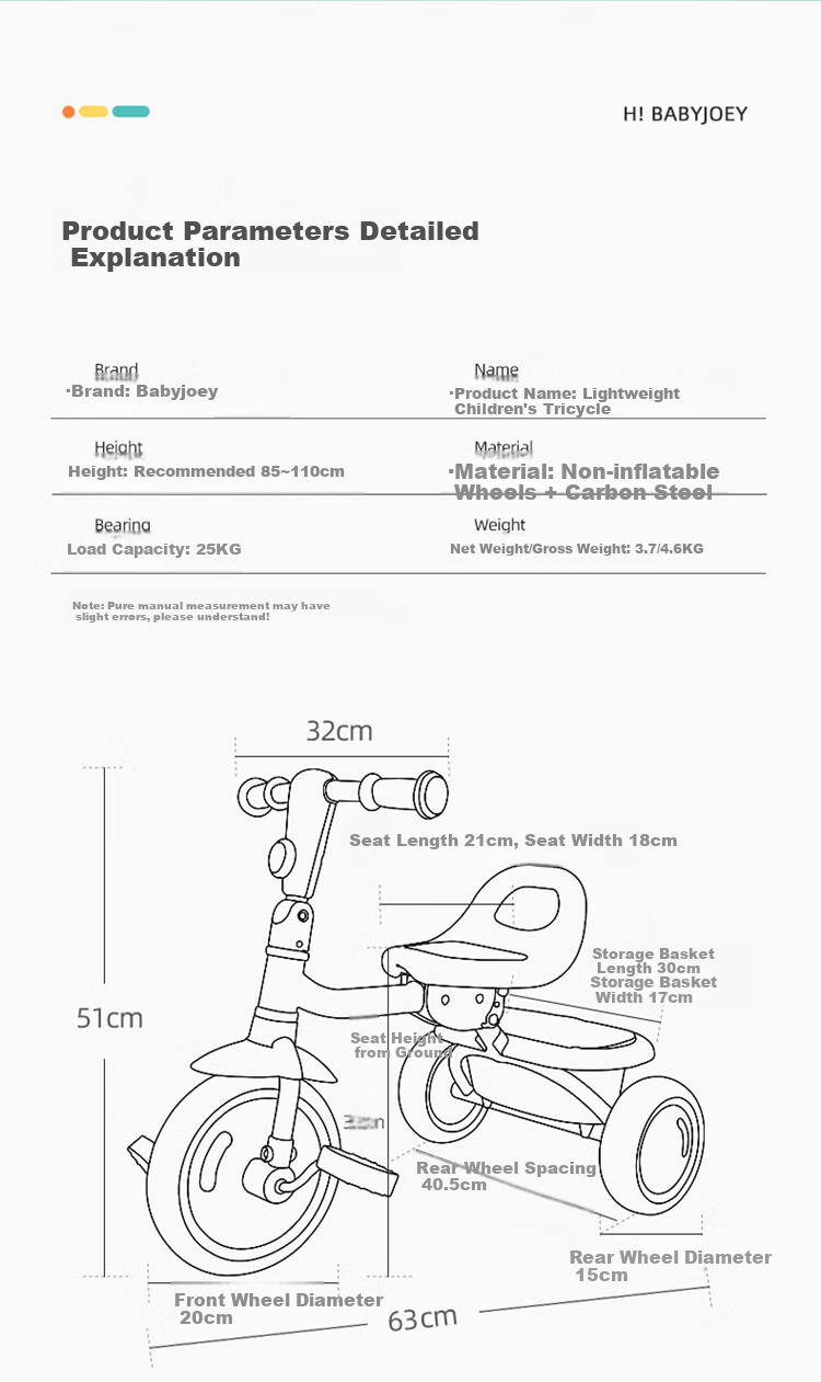 BABYJOEY British Children's Tricycle Pedal Bike Foldable Bicycle for Ages 1-5 Lightweight Kids' Bike TT61 with Handlebar 16