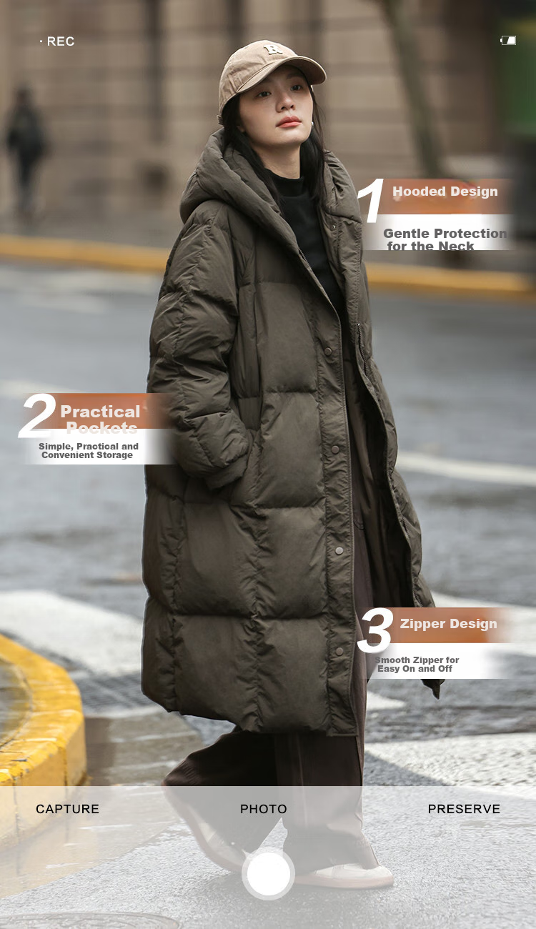 Dme [Retro Long Hooded Down Jacket] Winter Style with Side Pockets, Waist Belt, Long Women's Down Coat, Coffee Color, M 5