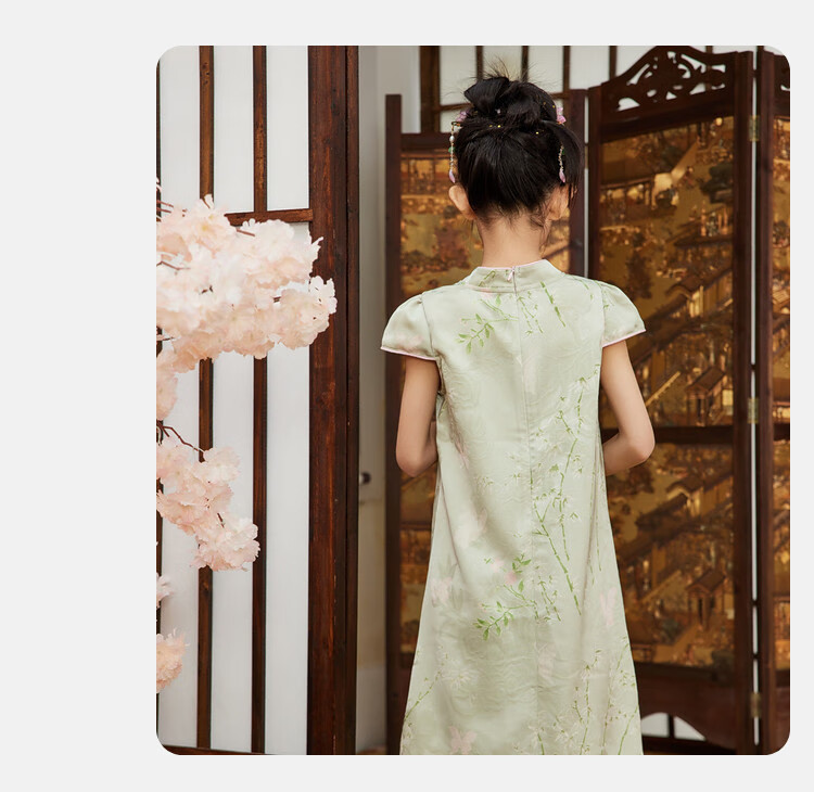 ASK JUNIOR Chinese Style New Mid-Autumn Girls Dress 2025 Summer Qipao Jacquard Princess Dress for Kids Bean Green 110 5