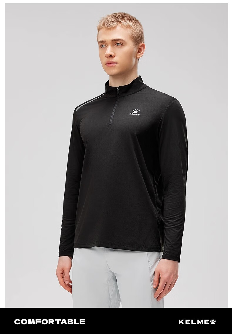 KELME Men's Long Sleeve T-Shirt, Running Quick-Dry Top, Half-Zip Lightweight Training Cotton-Feel Sports Shirt, Onyx Black, 3XL 2