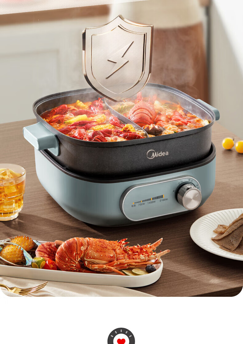 Midea Electric Hot Pot, Dual-Sided Pot for Home Use, 4-6 People, 6L Capacity, Titanium And Ceramic, Zero Fluorine, Antibacterial, Dormitory Style, Detachable Design, 9CM Deep, Multifunctional, Bionic Non-Stick Pot, New Electric Cooker, Self-Operated 23