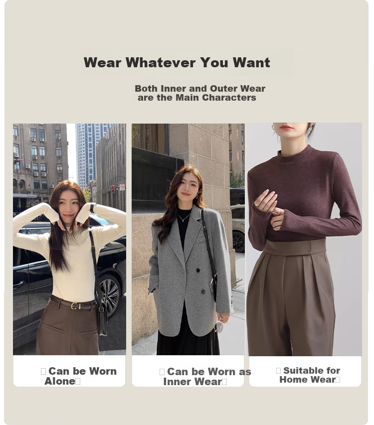 NOME Solid Color Semi-Turtleneck Top for Women, Wool Silk Fleece, Autumn And Winter New Style Inner Layer Base Shirt, White, Size S 15