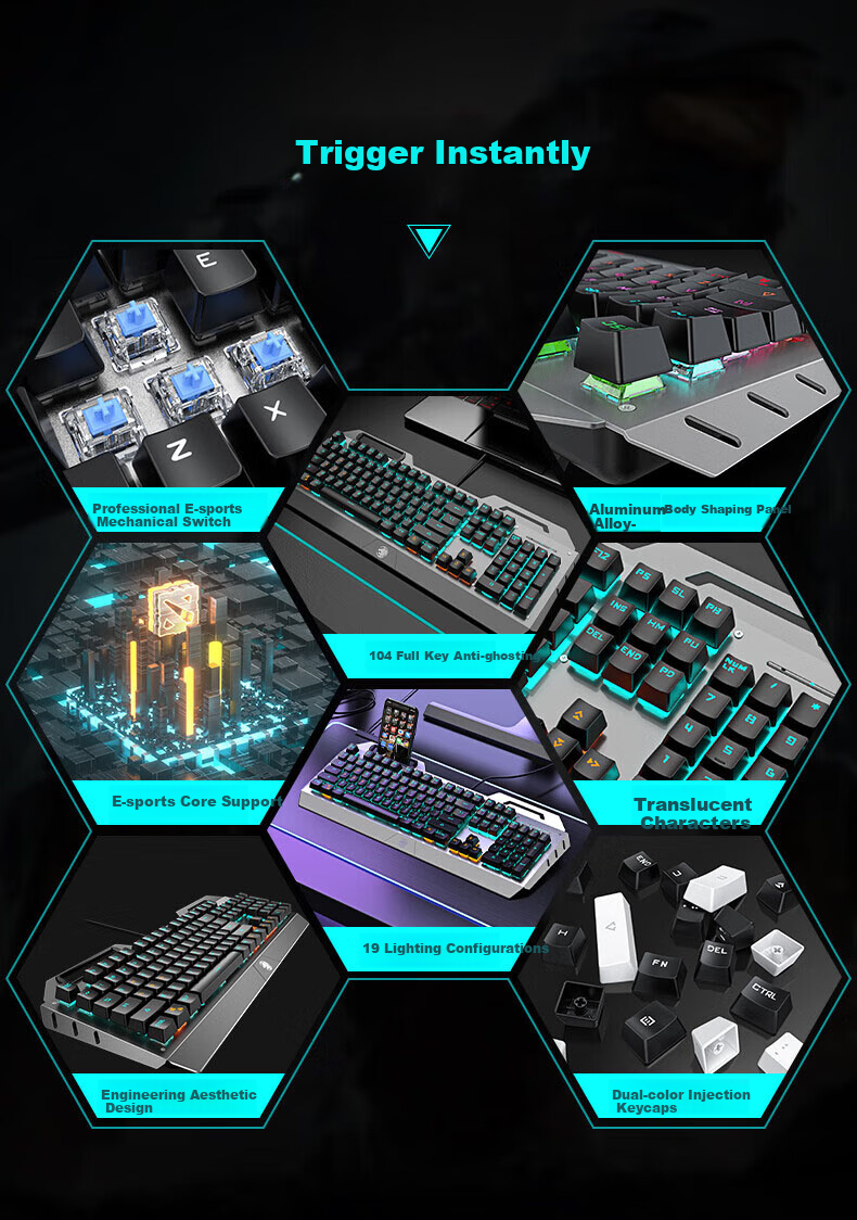 EWEADN TK900 Mechanical Keyboard And Mouse Combo Set for Gaming, Wired Desktop And Laptop External Office Keyboard And Mouse with Blue Switches, 104 Keys, Black with Ice Blue Light 1