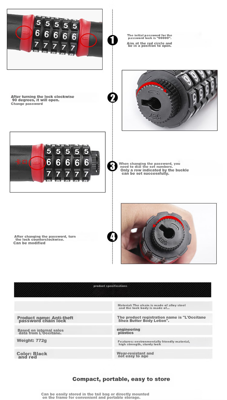 HOTUN Bicycle Lock, Mountain Bike Lock, Electric Bike Lock, Motorcycle Lock, Electric Scooter Lock, Combination Chain Lock, 0.6 Meters 6
