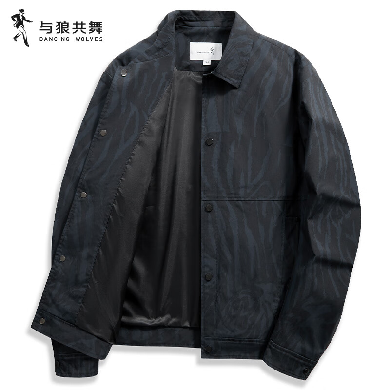 DANCING WOLVES [Trendy All-Over Print] Workwear Lapel Jacket Casual Commuter Coat for Men, 014 Black, XL(180)