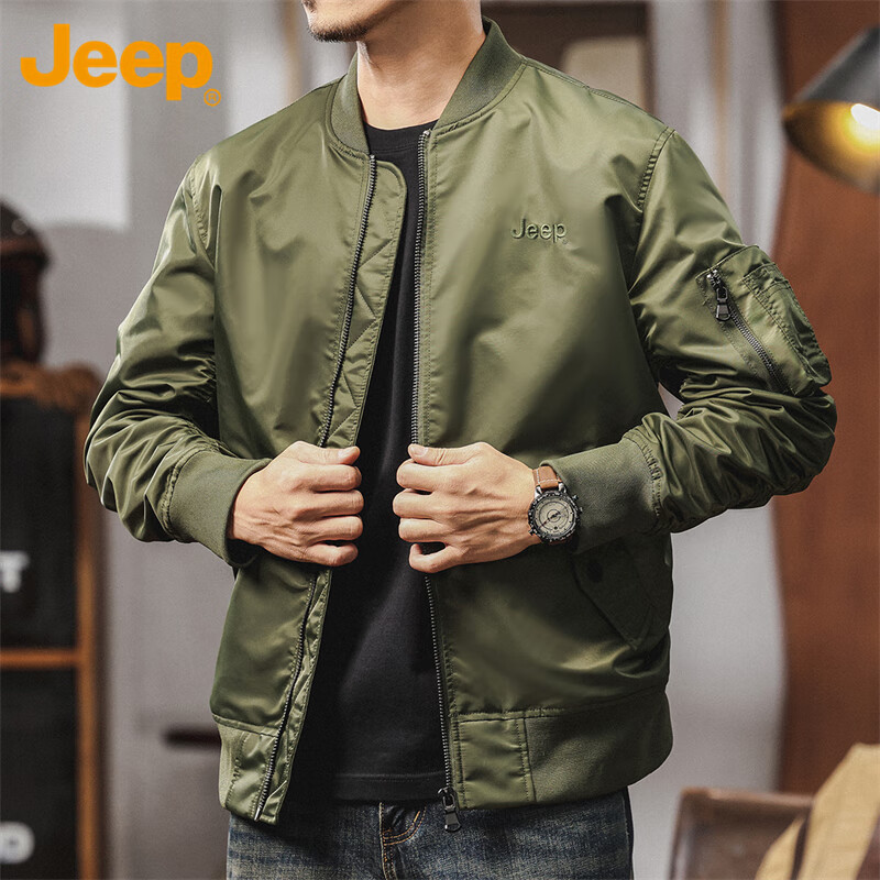 JEEP Men's Jacket, Pilot Style Windbreaker, Spring And Autumn Workwear Baseball Collar Outerwear, Army Green, Size M