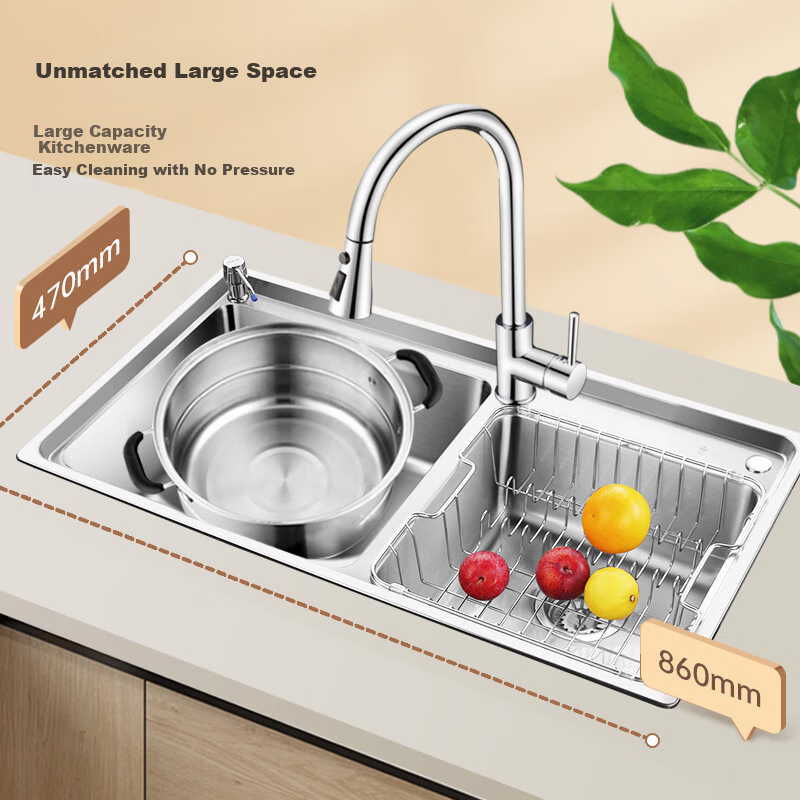 OULIN Double Sink Kitchen Sink, 0 Coating, SUS304 Stainless Steel, Thickened Water Basin with Brass Pull-Out Faucet