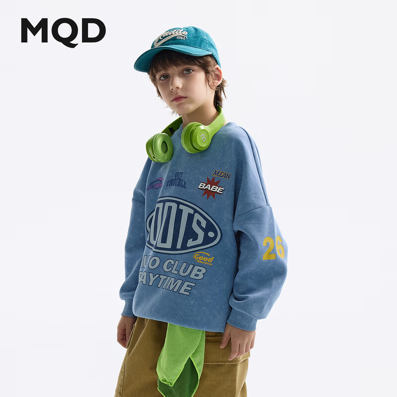 MQD Boys' Autumn New Style Children's Round Neck Street Fashion Loose Drop-Shoulder Sweatshirt for Older Kids, Light Denim Blue, Size 130