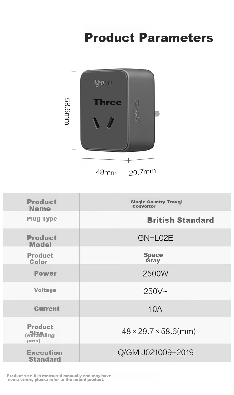 BULL 3-Prong UK Travel Socket / UK to China Standard Power Adapter Socket / Converter Plug Suitable for UK, Hong Kong, Singapore And Others GN-L02E without Switch 3
