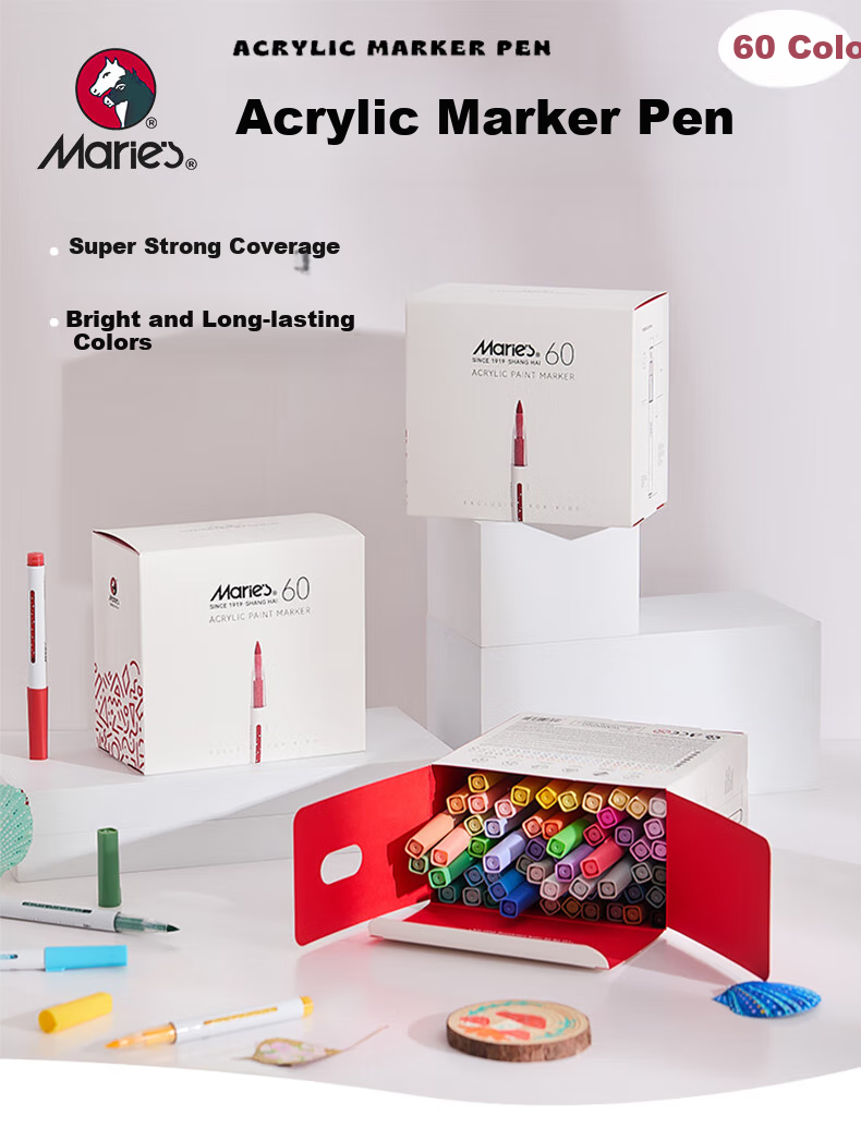 Marie's Acrylic Marker Set, Direct Liquid Formula, Quick-Drying, Non-Transparent Paper, Soft Tip Brush, 60 Colors, Large Capacity - Acrylic Markers, 60 Colors, Art Sketching 1