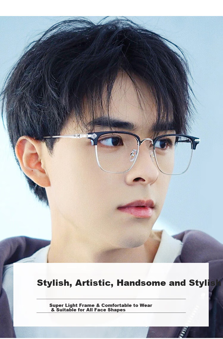 VEGOOS Myopia Glasses for Tech-Savvy Men, Ultra-Light Semi-Rimless Anti-Blue Light Radiation Flat Lens Glasses for Women, Elegant Brow-Shaped Shape, Prescription Available 5262 1