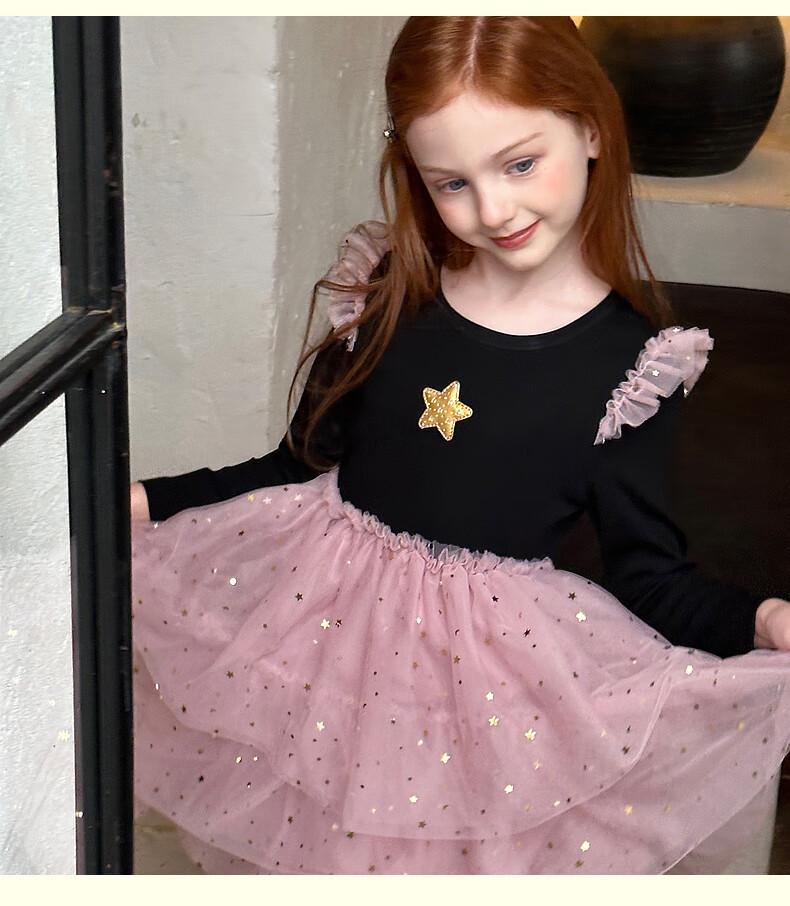 Follow Me Girls' Dress Spring And Autumn New Style Trendy Tulle Princess Dress Children's Dress Black/pink 150 4