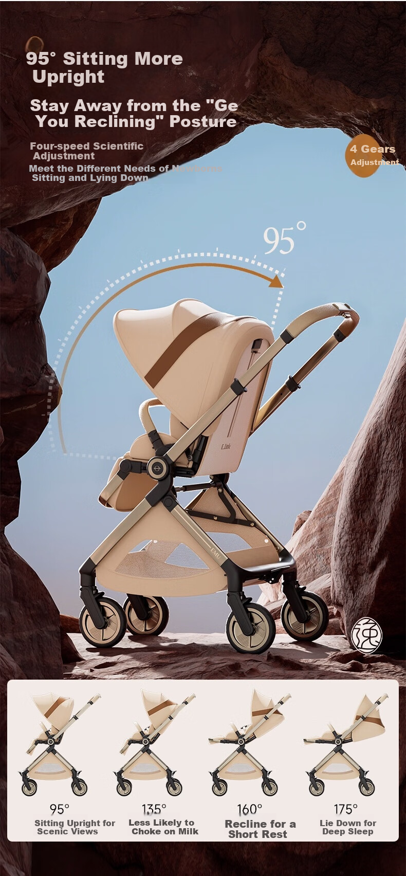 Elittile Baby Stroller 0-3 Years Foldable Reclining Shock Absorption High Landscape Baby Pram EMUpro Moonflower Blue 14